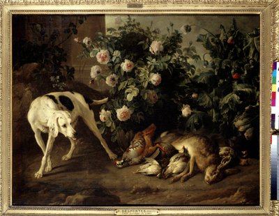 لعبة حفظ الكلاب بالقرب من شجيرة من الورود لوحة لفرانسوا ديسبورتيس (1661-1743) 1724 صن. 1،07x1،38 م باريس ، متحف اللوفر. بواسطة الكسندر فرانسوا ديسبورتس