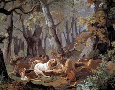 خلفية Stag Hunting Dussy بعد لوحة رسمها ألكسندر فرانسوا ديسبورتس (1661-1743). 1851. باريس ، الفنون الزخرفية بواسطة الكسندر فرانسوا ديسبورتس