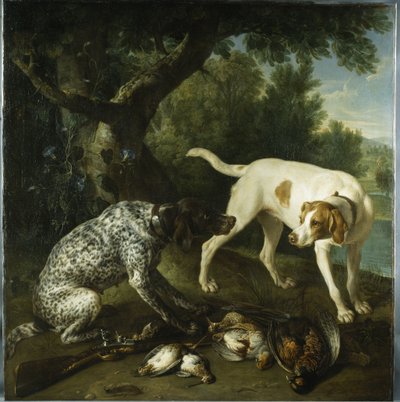 Two pointers belonging to the 3rd Earl of Burlington with dead game in a landscape بواسطة الكسندر فرانسوا ديسبورتس