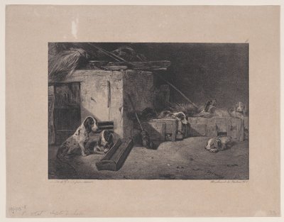 داخل بيت الكلب ، من سلسلة مشاهد الصيد ، 1829. بواسطة الكسندر جابرييل ديكامبس