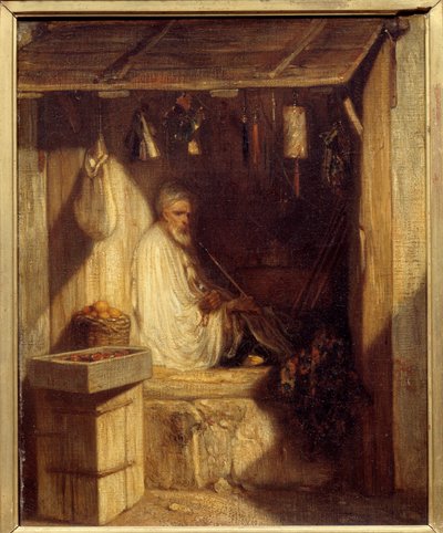 تاجر تركي يدخن في متجره لوحة بواسطة الكسندر غابرييل ديكامبس (1803-1860) 1844 صن. 0،36x0،28 م باريس ، متحف دورسيه بواسطة الكسندر جابرييل ديكامبس