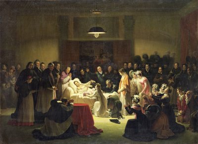 اللحظات الأخيرة لتشارلز فرديناند من فرنسا (1778-1820) في غرفة الإدارة في دار الأوبرا في باريس ، 14 فبراير 1820 ، c.1828 بواسطة الكسندر مينجود