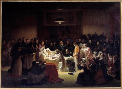 اللحظات الأخيرة لدوق بيري (1778 - 1820) في أوبرا باريس محاطًا بالملك لويس الثامن عشر والعائلة المالكة. لوحة ألكسندر منجود (1773-1832) بواسطة الكسندر مينجود