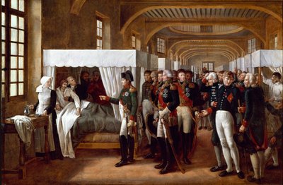 الإمبراطور نابليون الأول (1769-1821) ، برفقة الأطباء والجنرالات (مارشال جان ماتيو فيليبرت سيرورييه ، حاكم الإنفاليد ، لويس ألكسندر (لويس ألكساندر) برتييه ويواكيم مورات ، جيرارد (جيرو) كريستوف ميشيل دوروك ، مارشال كبير بواسطة الكسندر فيرون بيليكور