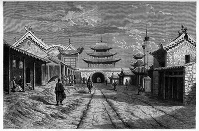 منظر من شارع في “Youn Tchen Sian” ، الصين. نقش بعد رسم لـ A. de Bar ، في "Le Tour du Monde ، Nouveau journal des Voyages" ، تحرير إدوارد شارتون ، باريس بواسطة الكسندر دي (بعد) بار
