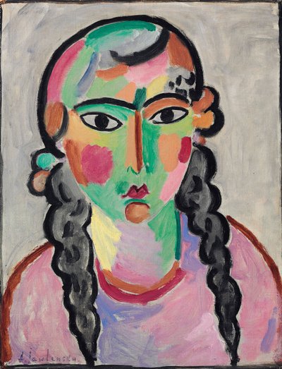 La fille pale aux tresses grises - The Pale Girl with Grey Pigtails ، بقلم Alexej von Jawlensky (Javlensky) (1864-1941). زيت على ورق ، ج. ١٩١٦. الأبعاد: ٦٣ ٫ ٥ × ٤٩ ٫ ٥ سم. مجموعة خاصة بواسطة Alexej von Jawlensky