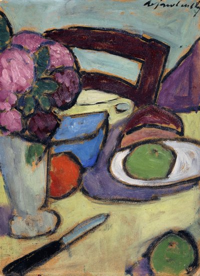 لا تزال الحياة مع كرسي وباقة. لا تزال الحياة مع الكرسي وشارع الزهور ، 1906 بواسطة Alexej von Jawlensky