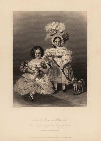 Viscount Gray de Wilton و Elizabeth Gray Egerton ، أبناء توماس إجيرتون ، إيرل ويلتون الثاني. ابنة ترتدي حلقًا صغيرة وترتدي ثوبًا مكشكشًا تحمل دمية ، وابنًا يرتدي ثيابًا وغطاء رأس من الريش يحمل شريطًا مربوطًا بحصان لعبة. نقش على الصلب لهنري بواسطة ألفريد إدوارد (بعد) شالون