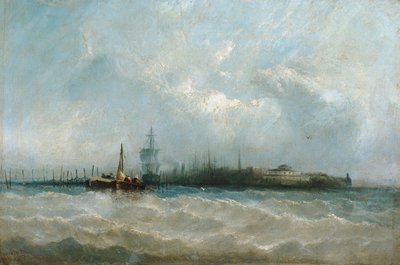 نيويورك من الميناء تظهر البطارية وحديقة القلعة ، 1858. بواسطة ألفريد كوبيستيك