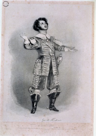 جيوفاني باتيستا روبيني (1794-1854) مثل أرتورو في "أنا بيوريتاني" ، نسخة إثبات من "ذكريات الأوبرا الإيطالية" ، نقشها ريتشارد جيمس لين (1800-72) ، 1836 (انظر 123979 للون) بواسطة ألفريد إدوارد شالون