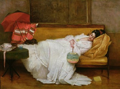 فتاة ترتدي ثوبًا أبيض وتستريح على أريكة بواسطة Alfred Emile Stevens