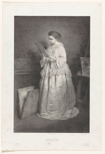 امرأة شابة تنظر إلى طباعة أو رسم الطيش (العنوان على الكائن) بواسطة المطبعة Lemercier