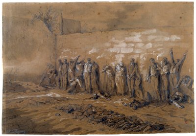 كومونة دي باريس: إعدام 147 من مقاتلي الكومونة على جدار الفدراليين في بير لاتشيز بباريس في 28/05/1871. رسم بالحبر ألفريد هنري دارجو (1832-1874) باريس ، متحف كارنافاليت بواسطة ألفريد هنري دارجو