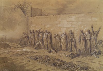 الإعدام في "Mur des Federes" ، مقبرة Pere-Lachaise ، 28 مايو 1871 (طباشير أسمر وغسول مع غواش أبيض على ورق بني داكن) بواسطة ألفريد هنري دارجو