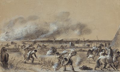 حريق في المرج ، إشعال النار في المعسكر ، حوالي عام 1837 (اغسل بإبرازات على الورق) بواسطة ألفريد جاكوب ميلر