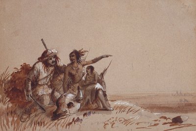 كانساس هندي يروي عن صياد ، بواسطة اللافتات ، هجرة الجاموس ، حوالي عام 1837 (قلم رصاص وألوان بني وأسود على ورق) بواسطة ألفريد جاكوب ميلر