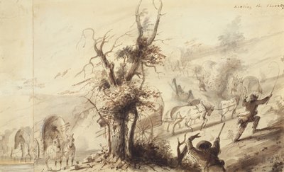 الهبوط على Charettes ، حوالي 1837 (غسل بني على الورق) بواسطة ألفريد جاكوب ميلر