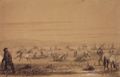 الوصول إلى المعسكر وإزالة السروج حوالي 1837 (قلم رصاص وقلم وحبر وغسل وغواش على ورق) بواسطة ألفريد جاكوب ميلر