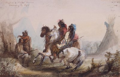 الصيادون والهنود الأفعى يتحدثون بالإشارات ، حوالي عام 1837 (قلم رصاص وألوان مائية وغواش على ورق) بواسطة ألفريد جاكوب ميلر