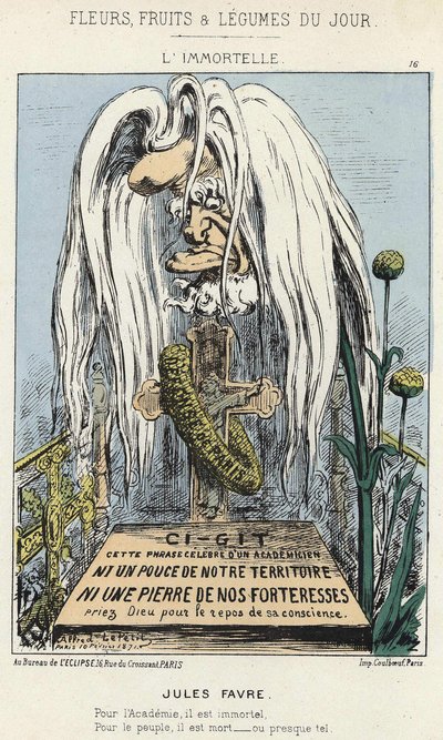 L'Immortelle: كاريكاتير عن Jules Favre - ill. من 10/2/1871 في "زهور اليوم وفاكهة وخضروات" بواسطة ألفريد لو بيتيت