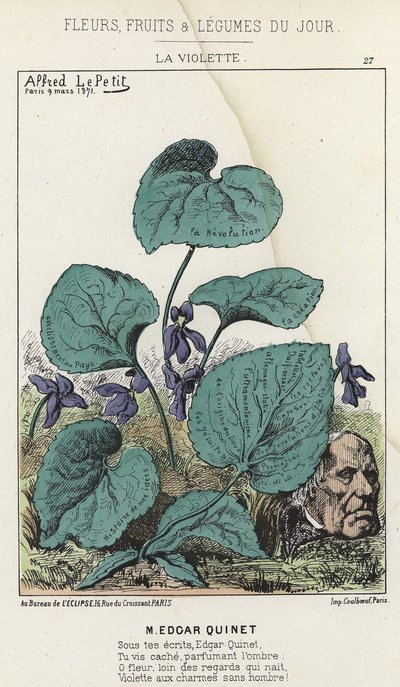 La Violette: Cartoon on Edgar Quinet - Ill. من 1871/03/09 في "زهور اليوم وفاكهة وخضروات" بواسطة ألفريد لو بيتيت