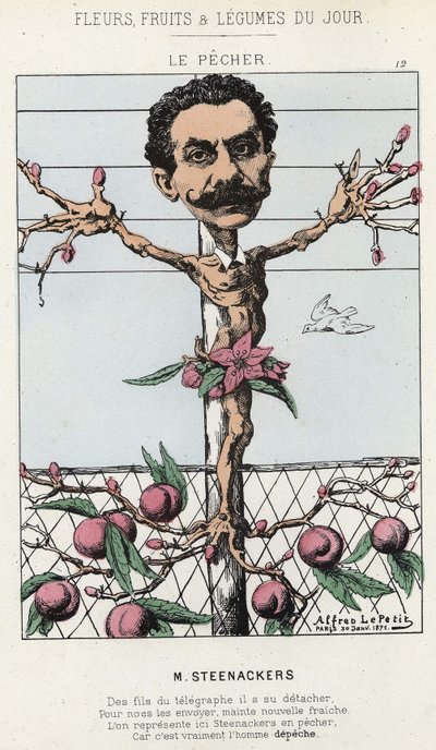 Le Pêcher: رسم كاريكاتوري على Steenackers - مريض. من 30/1/1871 في "زهور اليوم وفاكهة وخضروات". بواسطة ألفريد لو بيتيت