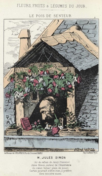 Le Peas de Fragreur: رسم كاريكاتوري عن Jules Simon (1814 - 1896) - مريض. من 12/01/187 في "زهور اليوم ، فواكه وخضروات" بواسطة ألفريد لو بيتيت