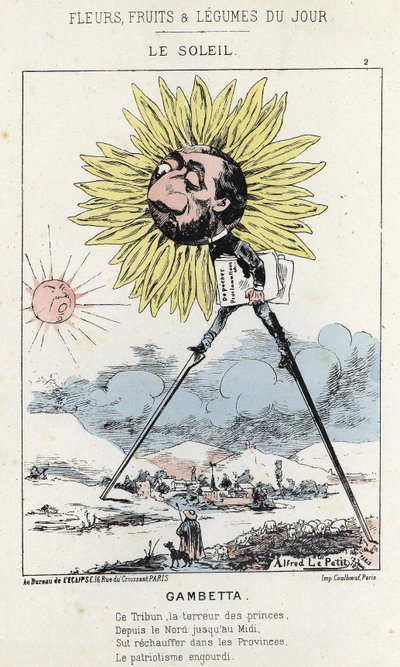 Le Soleil (عباد الشمس): كاريكاتير عن جامبيتا (1838 - 1882) - مريض. من 12/01/1871 في "زهور اليوم وفاكهة وخضار" بواسطة ألفريد لو بيتيت