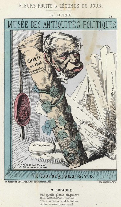 اللبلاب: رسم كاريكاتوري لجول أرماند (جول أرماند) دوفور (1798-1881) محاطًا بلفافة من الورق مكتوب عليها "ميثاق 1830" وختم برأس الملك لويس فيليب الأول. - سوف. من 04/03/1871 في "الزهور والفواكه والخضروات من بواسطة ألفريد لو بيتيت