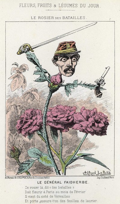 The Rosier des Battailles: رسم كاريكاتوري عن الجنرال فيدربس - مريض. من 20/01/1871 في "زهور اليوم وفاكهة وخضروات". بواسطة ألفريد لو بيتيت