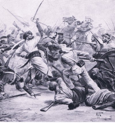 هزم نيكولسون المتمردين في النجفجار ، 2 أغسطس 1857 ، رسم توضيحي من المعارك البريطانية في البر والبحر ، 1915 بواسطة ألفريد بيرس