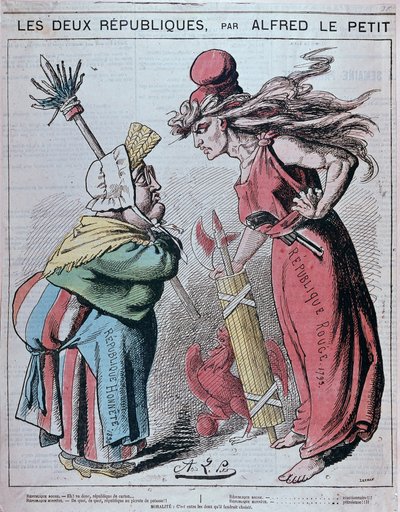 كارتون عن الجمهوريتين ، "" Republique Honnete (1830) و Republique rouge (1793) "لألفريد لو بيتيتي في" "Le Grelot" "" 1872 بواسطة ألفريد بيتي