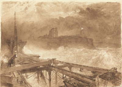 دراسة ل Tynemouth Pier - إضاءة المصابيح في Sundown بواسطة ألفريد ويليام هانت