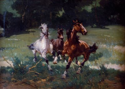 Running Horses, painting by Alfredo Tominz (1854-1936), oil on cardboard, 67x48 cm, Italy بواسطة ألفريدو تومينز