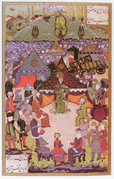 ملك المجر ، لاجوس الثاني (1506-26) في المجلس قبل معركة Mohacs في 1526 ، 1558 (حبر وورق ذهبي على الرق) بواسطة علي امير بك