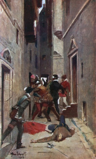 "A Tulzie" في شارع High Street في إدنبرة. رسم توضيحي لحكايات جد للسير والتر سكوت (ويرنر لوري ، ج 1910). بواسطة ألان (بعد) ستيوارت