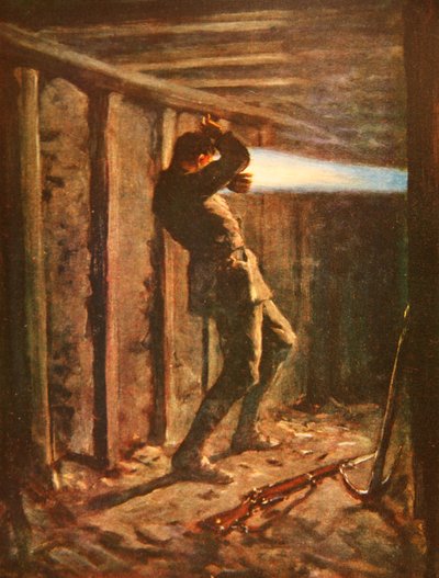 لسان من اللهب الأزرق ينطلق من جانب العدو في معرض لغم ، ويحترق بشدة الجندي بايثواي (لون ليثو) بواسطة ألان ستيوارت