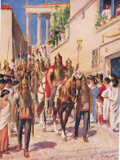 ألاريك القوطي يدخل أثينا عام 395 ، رسم توضيحي من "تاريخ الأمم في هاتشينسون" بواسطة ألان ستيوارت