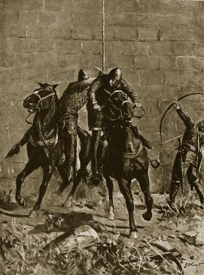ستيفن ينقذ الأمير هنري من اسكتلندا في لودلو، رسم توضيحي من "قصة هاتشينسون للأمة البريطانية"، ج.1920 (ليثو) بواسطة ألان ستيوارت