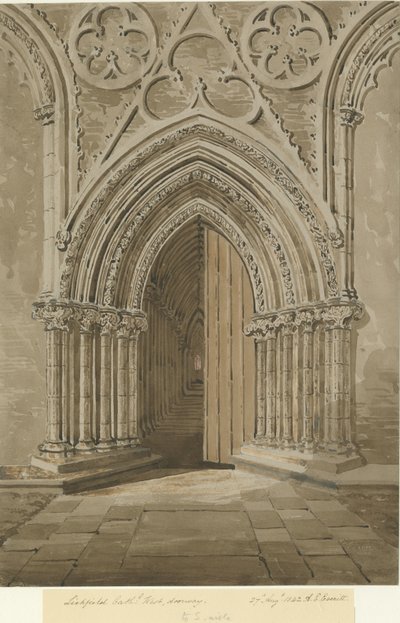 كاتدرائية ليتشفيلد - المدخل الغربي: رسم بني داكن أحمر - بني ، 27 أغسطس 1842 بواسطة ألين إدوارد إيفريت