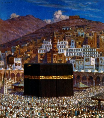 رسم توضيحي يصور الحجاج المسلمين في الكعبة في مكة المكرمة. بواسطة نصر الدين دينيت (ألفونس إتيان دينيه). 1861 1929 بواسطة Alphonse Etienne Dinet
