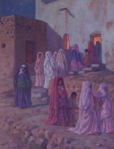 المسلمون يغادرون مسجد القرية عشية المولد ، رسم من تاريخ حياة النبي محمد ، نُشر في باريس عام 1918 بواسطة ألفونس إتيان دينيه