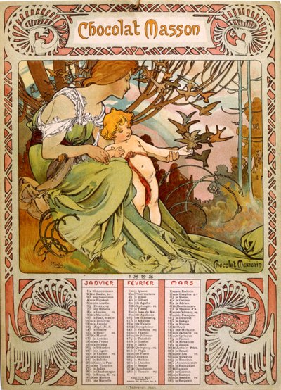 تقويم شوكولا ماسون يتضح من موتشا (1860-1939). رسام تشيكي بالفن الحديث بواسطة ألفونس موشا