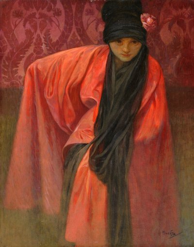 Girl in Red par موتشا ، ألفونس ماري (1860-1939) ، ج. 1914 - تمبرا على قماش ، 60.5 × 47 - مجموعة خاصة بواسطة ألفونس موشا