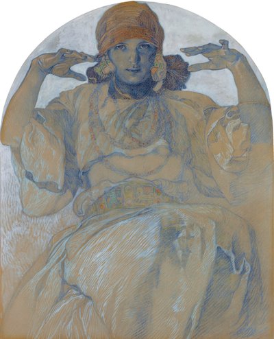 "" صورة لابنة الفنان جاروسلافا موشوفا (1909-1986) "(صورة ابنة الفنان ، ياروسلافا) لوحة للفونس موتشا (1860-1939) - حوالي 1924 مقاس 51x41 سم مجموعة خاصة بواسطة ألفونس موشا