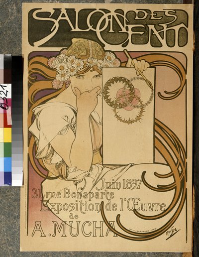 ملصق إعلان عن معرض A. Mucha في Salon des Cent ، 31 شارع Bonaparte a Paris ، يونيو 1897 (لون ليثو) بواسطة ألفونس موشا