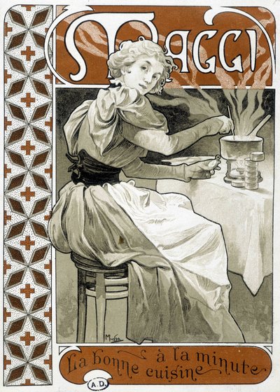 شابة تطبخ على موقد غاز - إعلان ماجي "طعام جيد في كل دقيقة" ، بقلم موتشا ، حوالي عام 1890. بواسطة ألفونس موشا