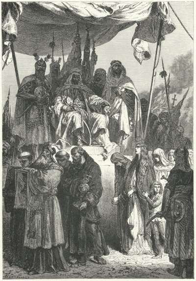 صلاح الدين يراقب المسيحيين الأسرى يمرون بعد استيلائه على القدس بواسطة ألفونس ماري دي (بعد) نوفيل