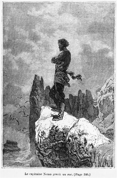 الكابتن نيمو يتسلق صخرة ، رسم توضيحي من "20000 دوري تحت البحر" لجول فيرن (1828-1905) منقوش بواسطة هنري ثيوفيل هيلديبراند (1824-1897) باريس ، هيتزل ، نشر عام 1877 (ب بواسطة ألفونس ماري دي نوفيل
