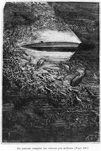 رسم توضيحي من "20000 فرسخ تحت البحر" لجول فيرن (1828-1905) منقوش بواسطة هنري ثيوفيل هيلديبراند (1824-97) 1877 بواسطة ألفونس ماري دي نوفيل